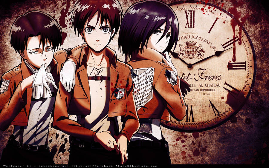 Levi Ackerman, Eren Jaeger, And Mikasa Ackerman Unite Wallpaper