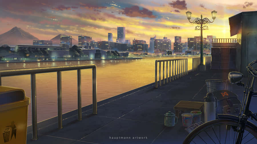 Lo Fi Anime Chill Bike On Lakeside Wallpaper