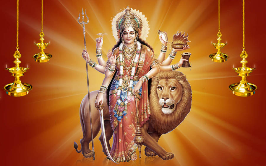 Maa Sherawali Deity With A Lion Wallpaper