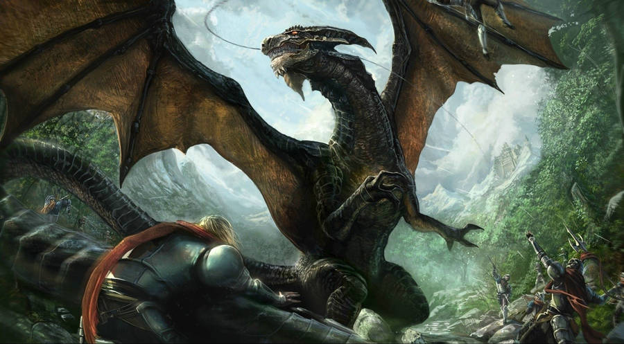 Majestic Eastern Dragon Faces Off Against Fearless Knights Wallpaper