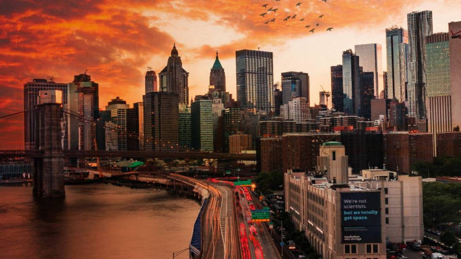 Manhattan Road Over Sunset New York 4k Wallpaper