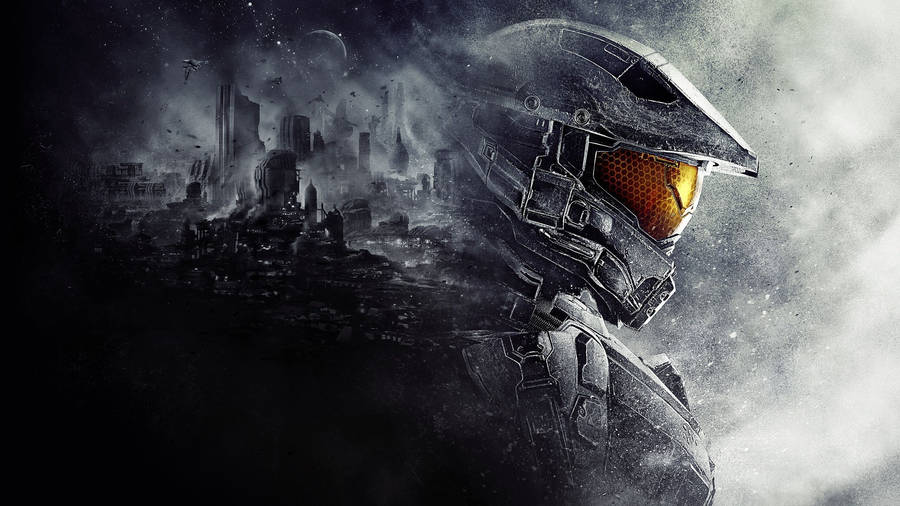 Master Chief And Crumbling City Wallpaper