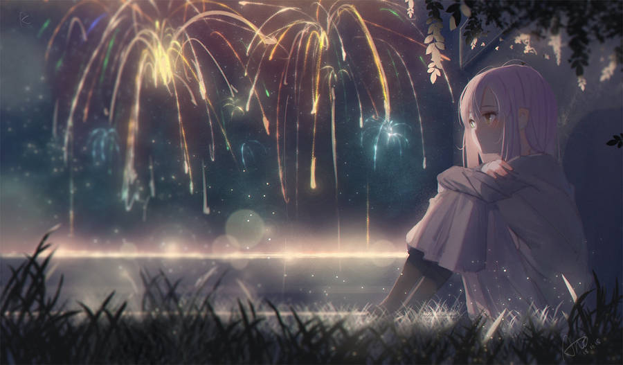 Melancholic Cartoon Girl Gazing At Fireworks Wallpaper