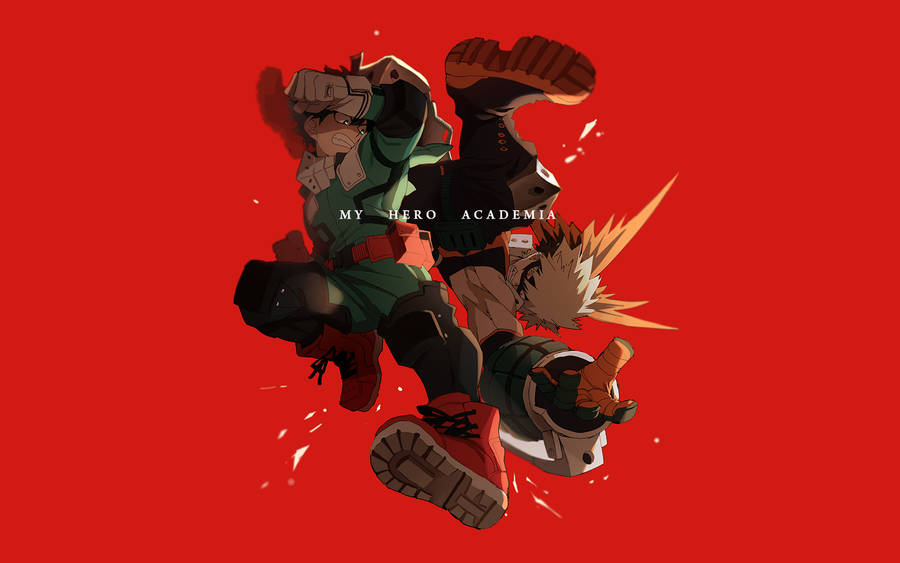 Midoriya And Bakugo Battle It Out In The World Of My Hero Academia Wallpaper