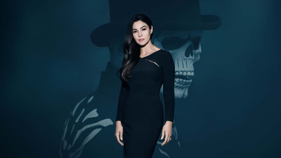 Monica Bellucci Black Dress Skull Backdrop4 K Wallpaper
