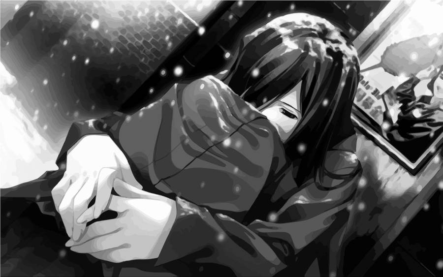 Monochrome Sad Aesthetic Anime Girl In Snow Wallpaper