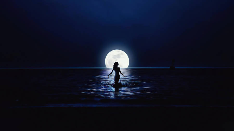 Moon 4k Girl On Water Wallpaper