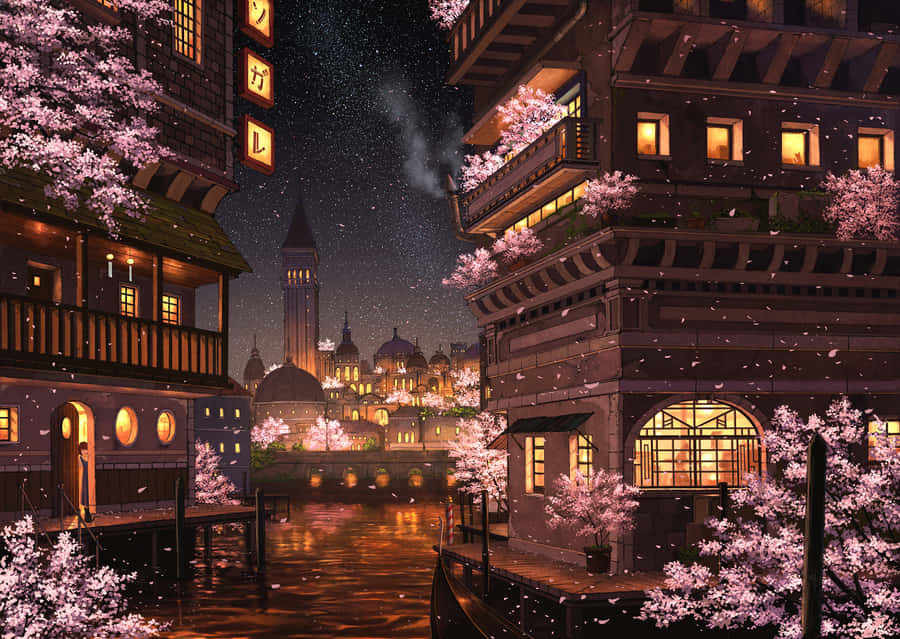 Moonlight's Magical Glow Of The Everlasting Cherry Blossom Wallpaper