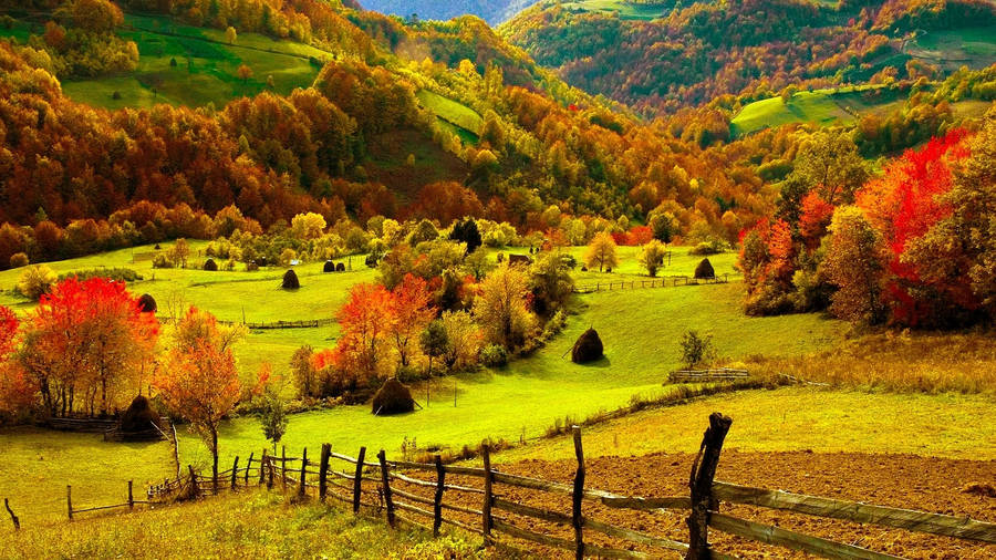 Mountain Trees Fall Farm Wallpaper