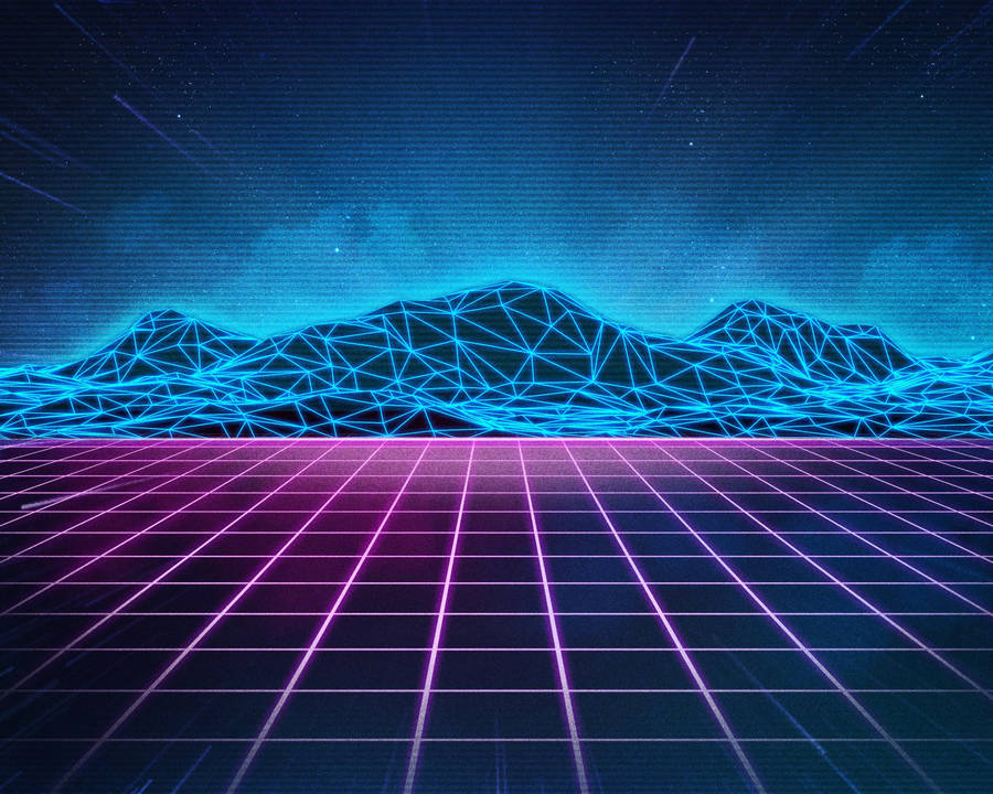 Neon Blue Aesthetic Grid Mountains Wallpaper