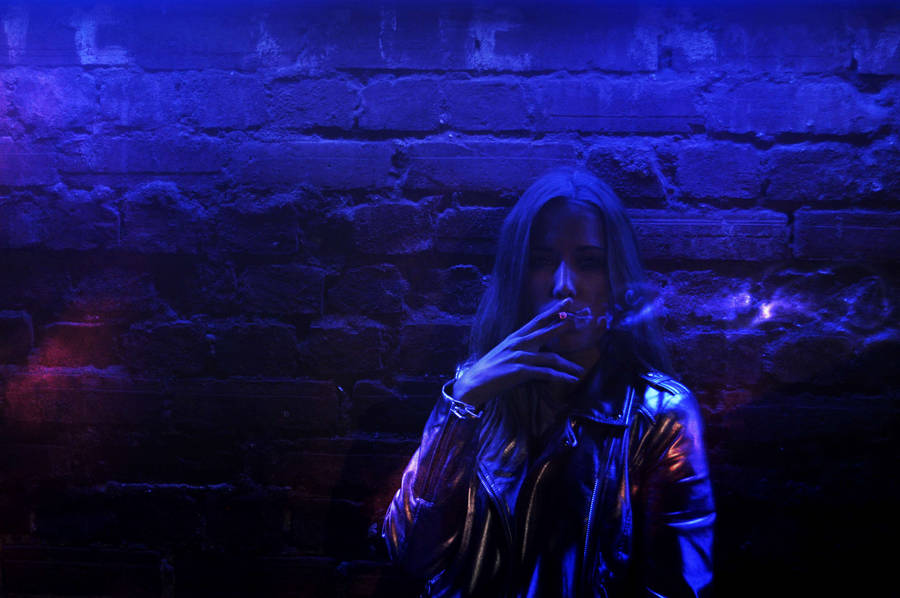 Neon Blue Aesthetic Smoking Woman Wallpaper