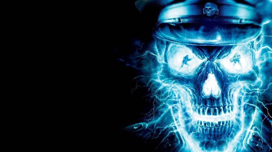 Neon Blue Blazing Skull Wallpaper