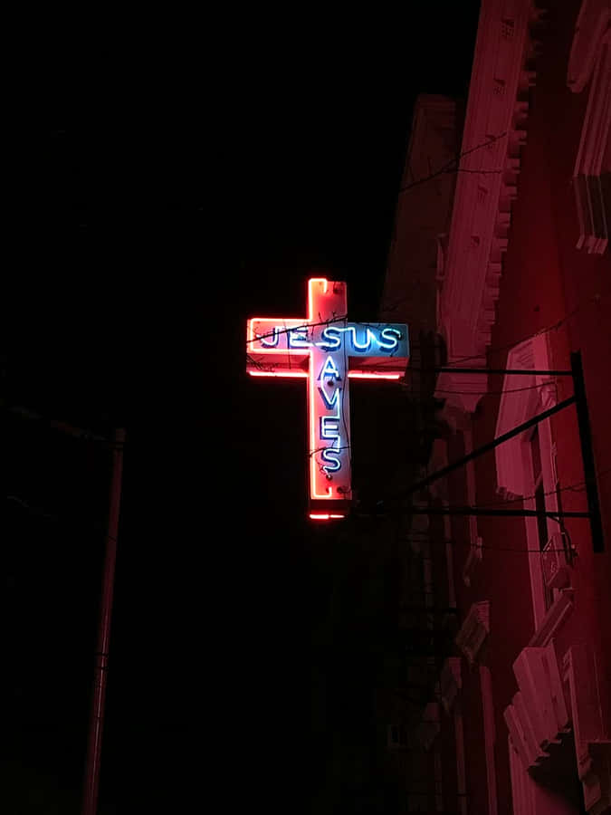 Neon Cross Jesus Saves Wallpaper