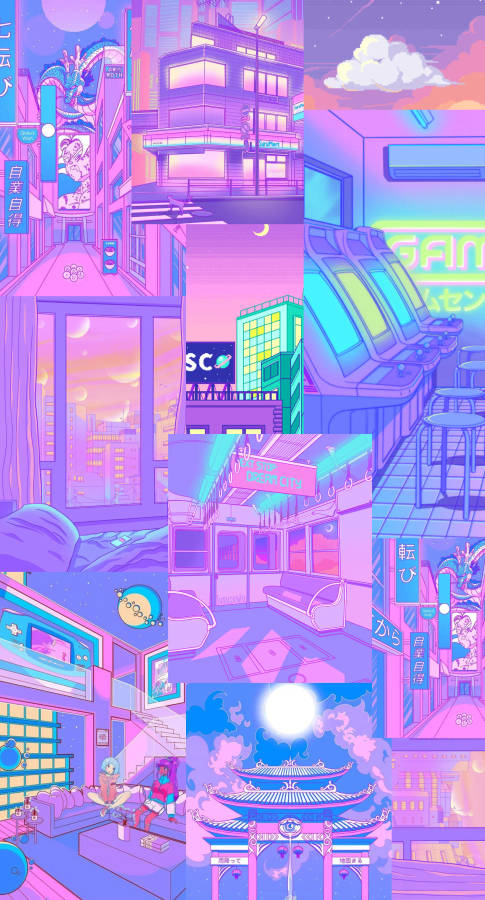 Neon Cute Retro Anime Aesthetic Collage Wallpaper