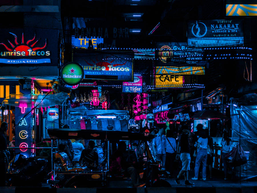Neon Lights Night Market Wallpaper