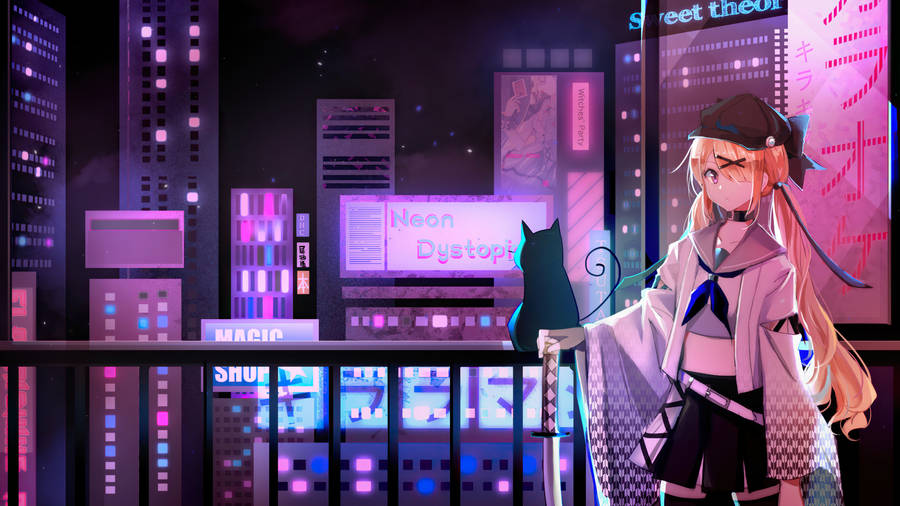 Neon Purple Anime Girl And Cat Wallpaper