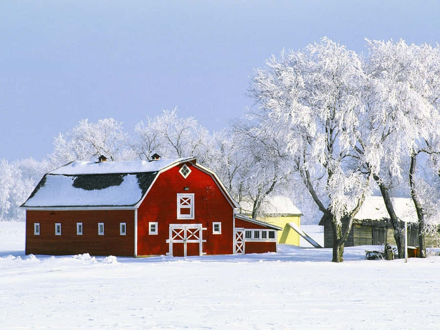 New Hampshire Winter Red Farmhouse Painting Wallpaper