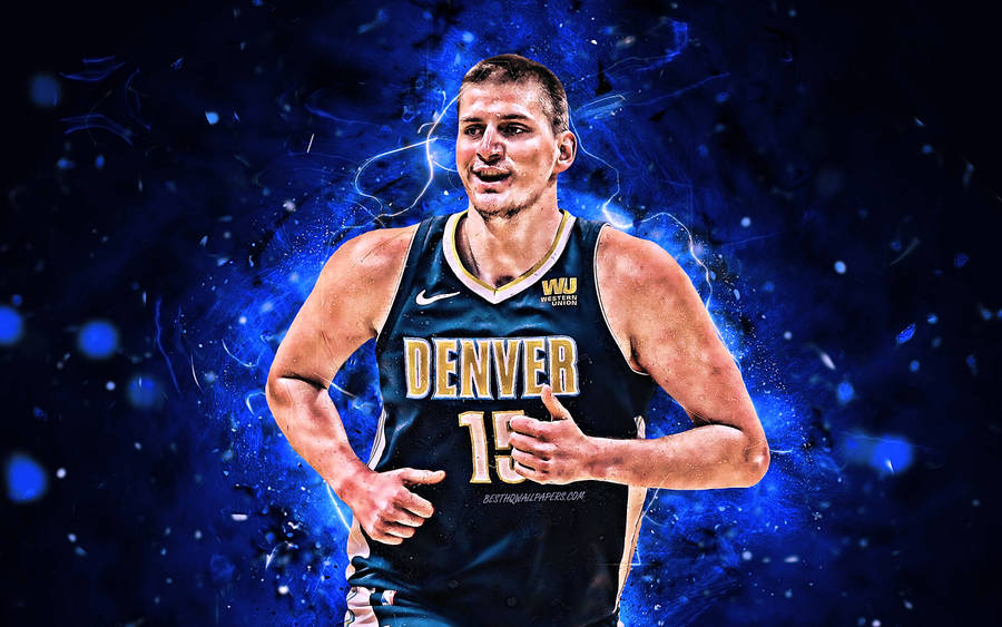Nikola Jokic In Blue Jersey Wallpaper