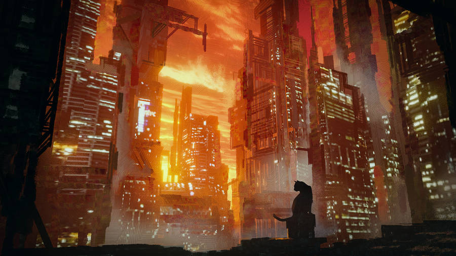 Orange City Art With Cat Wallpaper