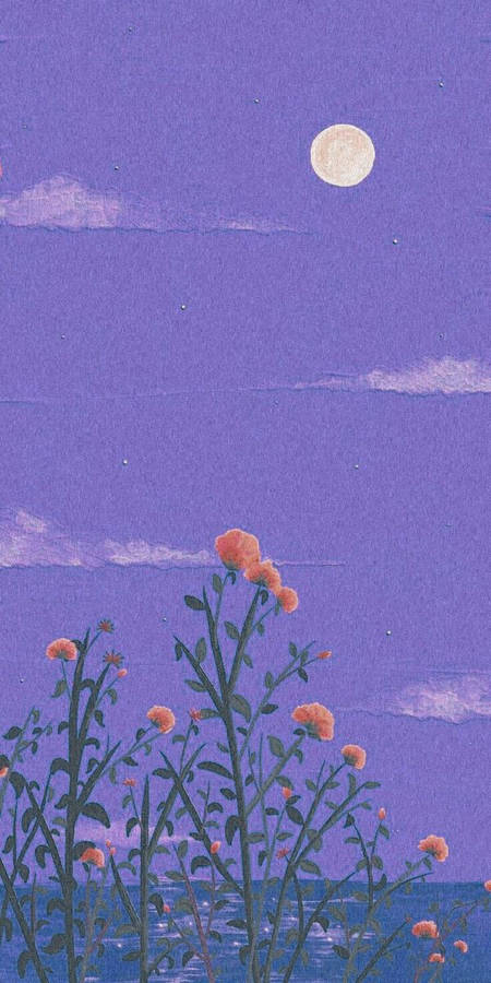 Orange Floral Painting Under Purple Night Sky Wallpaper