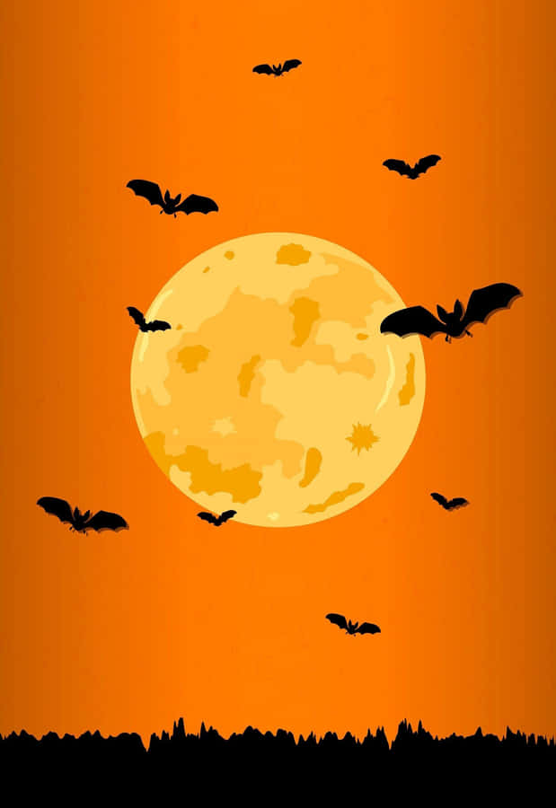 Orange Halloween Bats And Full Moon Wallpaper