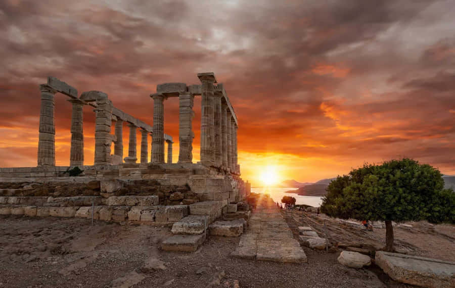 Orange Sunset Cloudy Sky Sounion Wallpaper