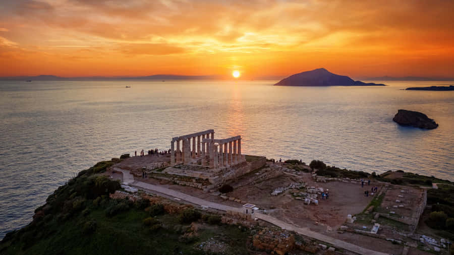 Orange Sunset Over Temple Sounion Wallpaper