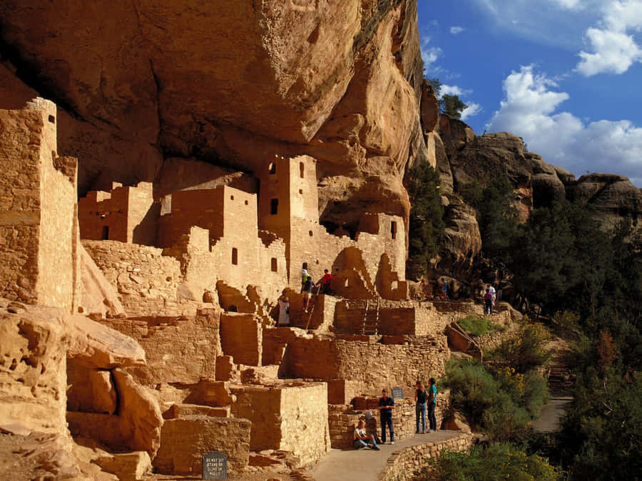 People Touring The Cliff Palace Mesa Verde National Park Wallpaper