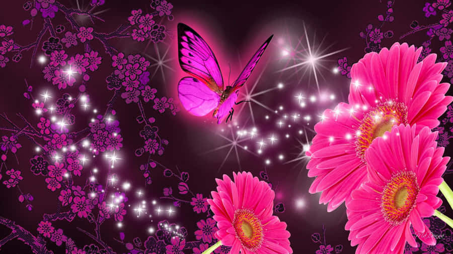 Pink Glitter Butterfly Flower Wallpaper
