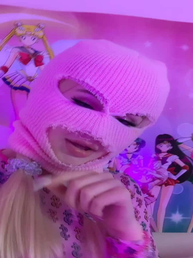 Pink Knitted Ski Mask Girl In Dollar Shirt Wallpaper