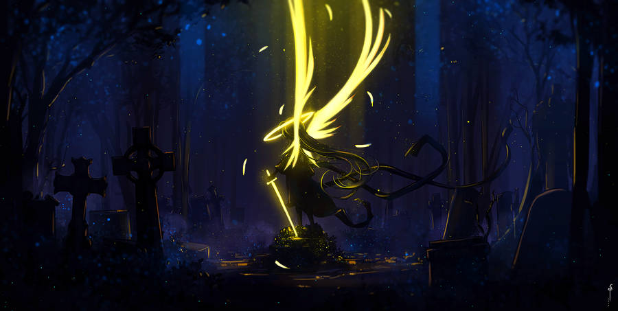 Preview Wallpaper Angel, Wings, Art, Sword, Dark, Yellow Wallpaper
