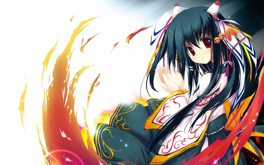 Preview Wallpaper Anime, Brunette, Color, Fire, Kimono Wallpaper
