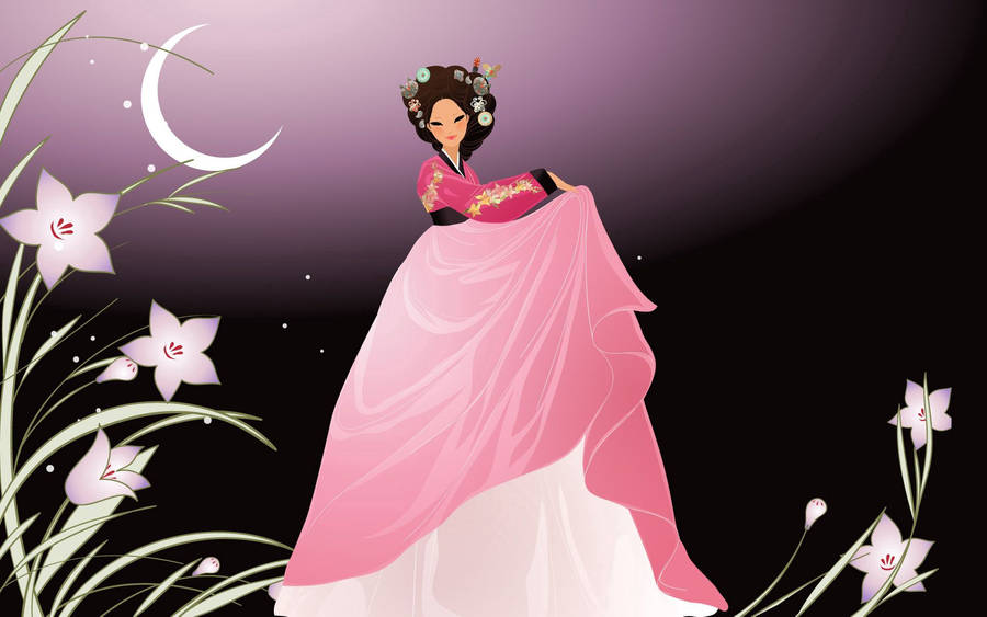 Preview Wallpaper Girl, Japanese, Moon, Sky, Dance, Style Wallpaper