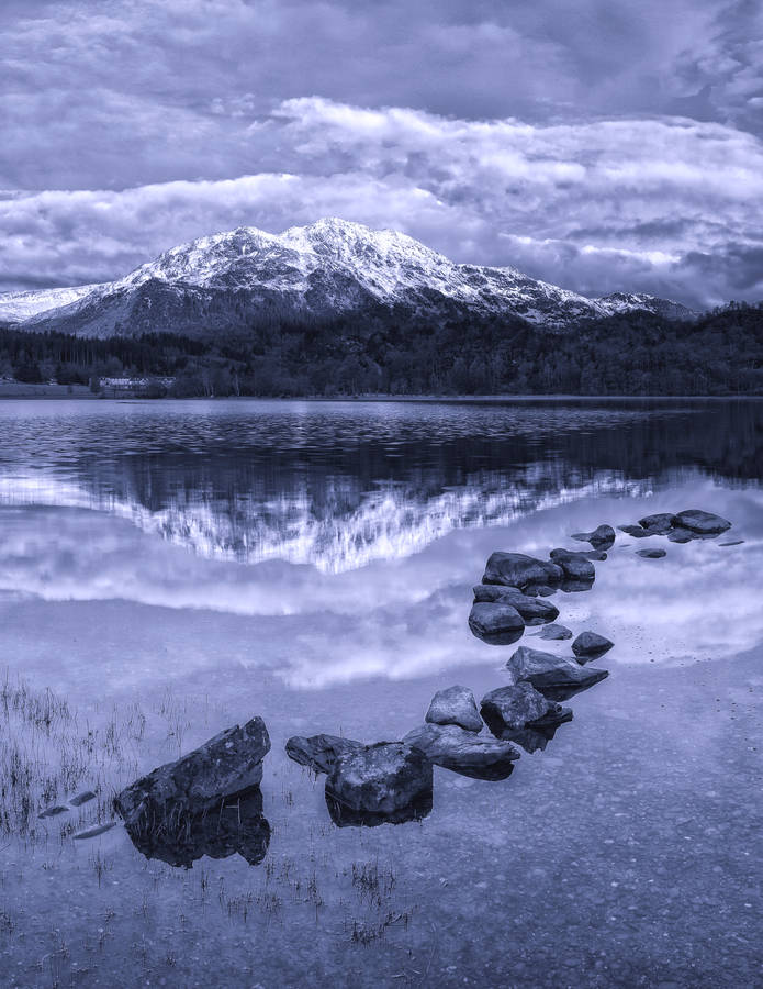 Preview Wallpaper Mountains, Stones, Sea, Scotland, Ben Venue, Achray Forest, Black And White, Bw Wallpaper