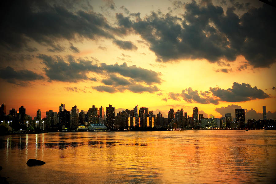Preview Wallpaper New York, Sunset, Skyscrapers, Ocean Wallpaper