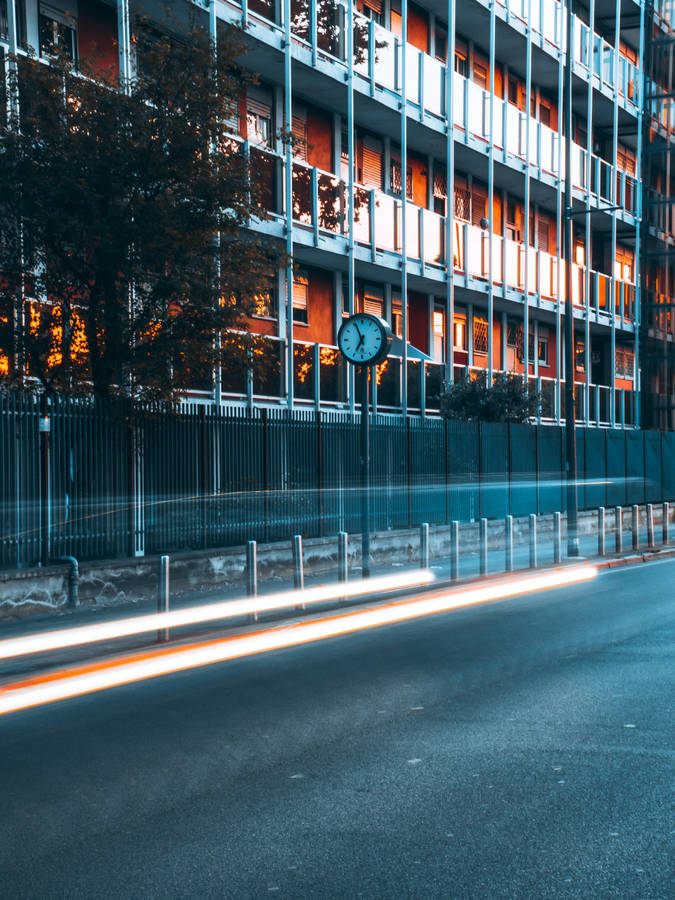 Preview Wallpaper Road, Clock, Building, Long Exposure, Glow Wallpaper