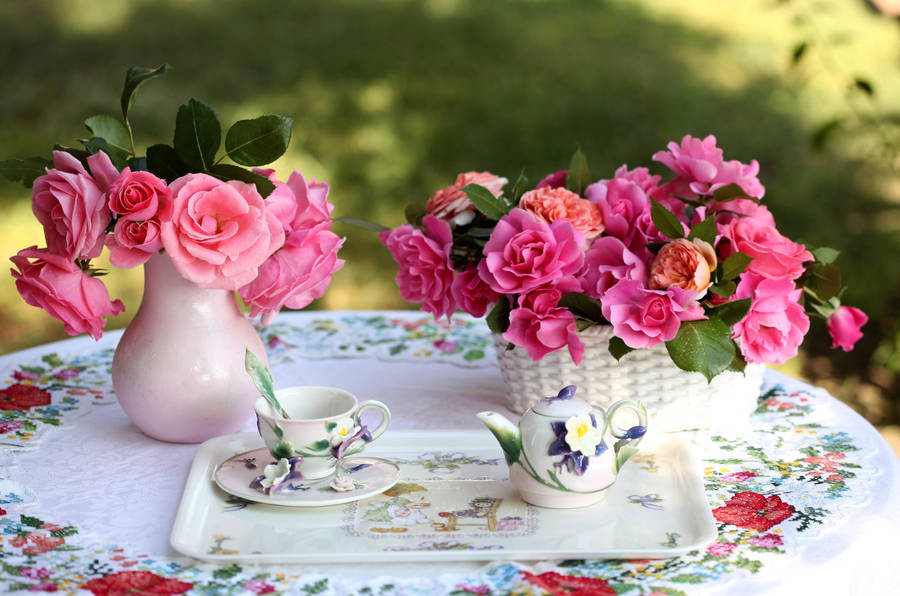 Preview Wallpaper Roses, Flowers, Bouquets, Vase, Basket, Table, Service, Tablecloth, Tea Party Wallpaper