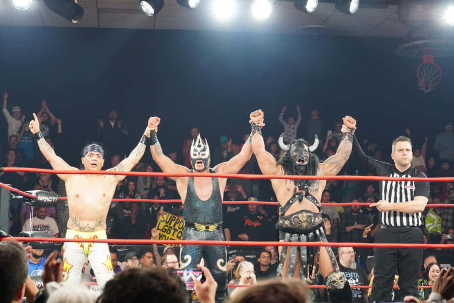 Pro Wrestlers Celebrating Victoryin Ring Wallpaper
