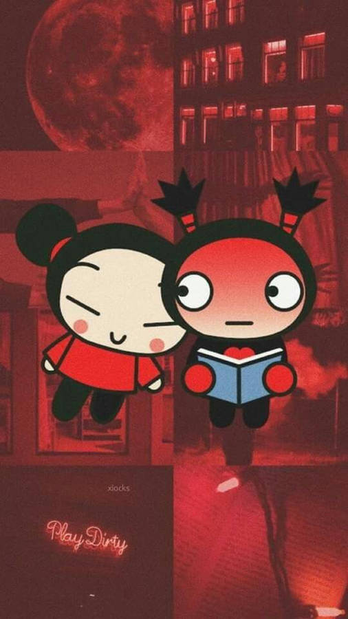 Pucca Leaning On Garu Aesthetic Wallpaper