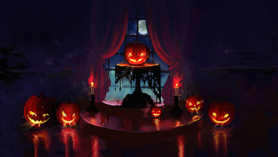 Pumpkins Candles In Haunted Room Wallpaper
