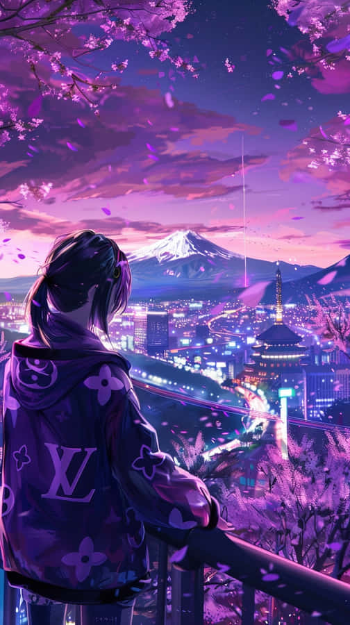 Purple Louis Vuitton Jacket Overlooking Cityscape Wallpaper