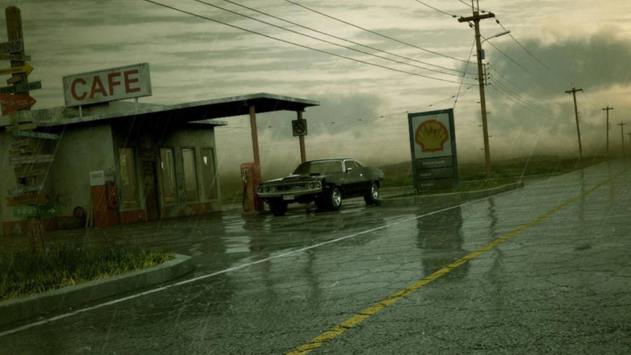 Raining Scene In Gas Station Wallpaper