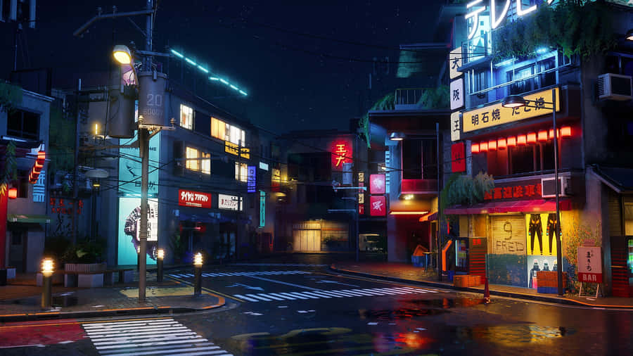 Rainy Night Anime Street Scene Wallpaper