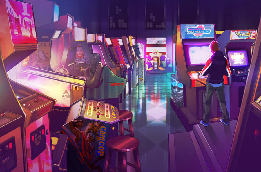 Retro Video Game Arcade House 80s Aesthetic Digital Art Wallpaper