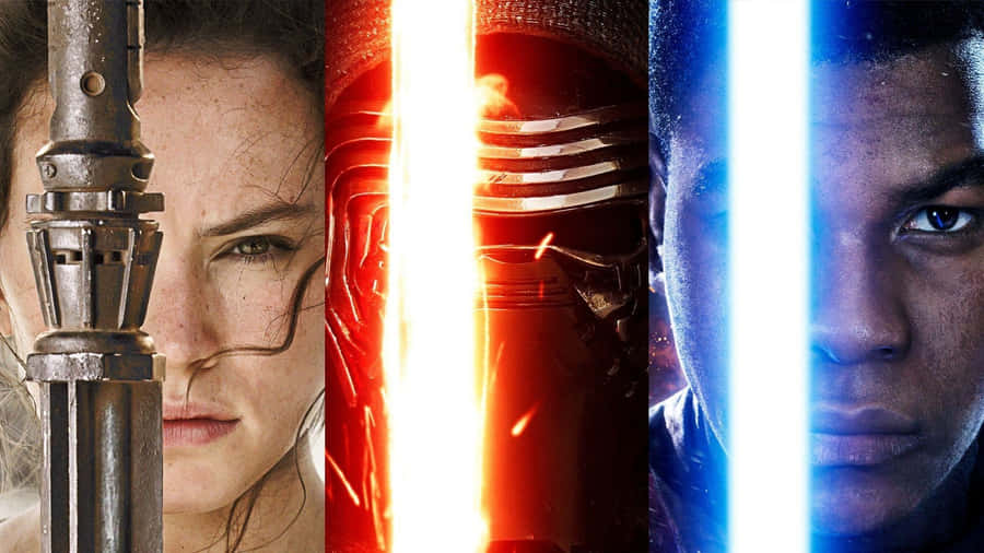 Rey From Star Wars - A Blaster And Her Glowing Lightsaber Ready Wallpaper