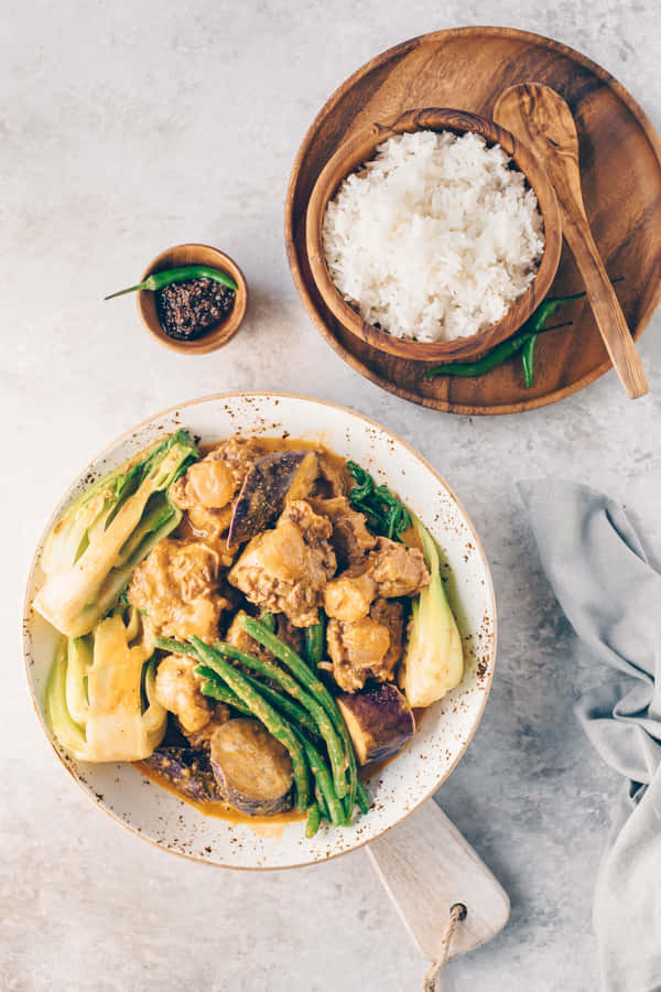 Rice, Shrimp Paste And Kare-kare Meal Wallpaper
