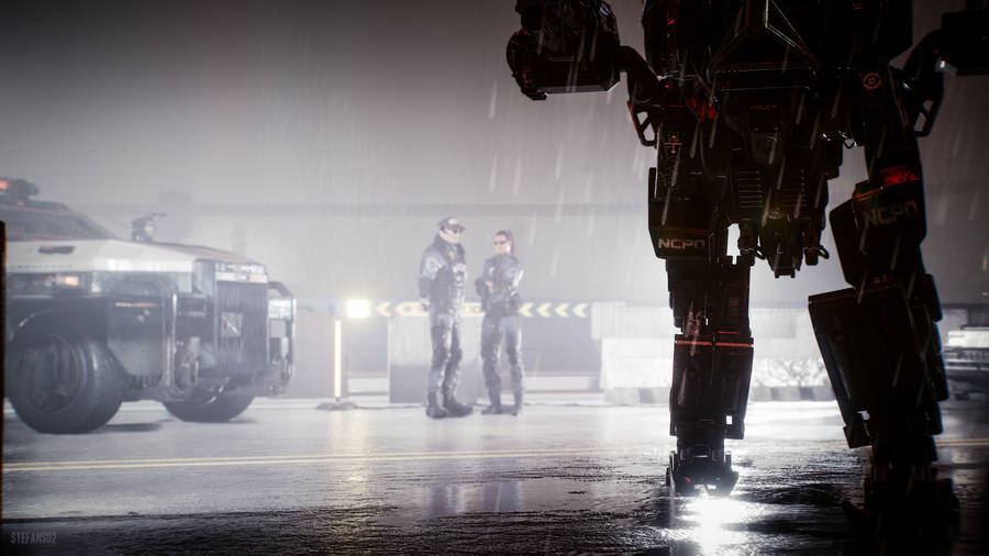 Robot Silhouette Cyberpunk Desktop Wallpaper