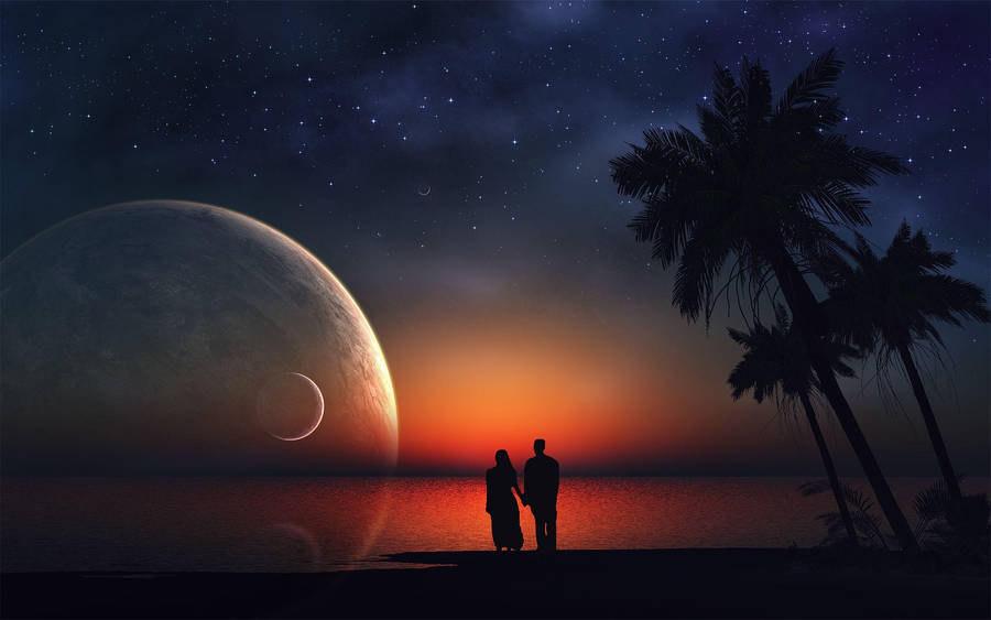 Romantic Night With The Moon In The Sky Wallpaper