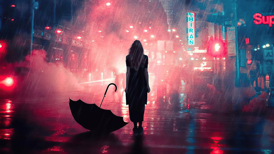 Sad Aesthetic Girl In Rainy Street Wallpaper
