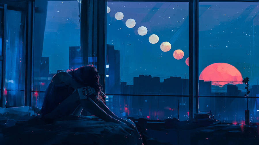 Sad Aesthetic Girl Near Moon Eclipse Wallpaper